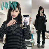 Lunivop Korean Style Star Patched Striped Long Sleeve T-Shirt Fashion Oversized Grunge Loose Tee